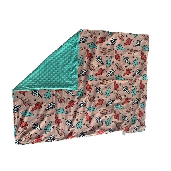 Reversible Cactus Print Baby Blanket In Pink & Turquoise With Minky Dot Backing - Picture 3 of 4